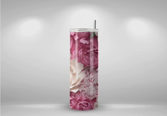 Pink and White Handmade Personalized 3D Flower Theme 20oz Tumbler - Unique Floral Elegance